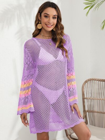 Openwork Contrast Long Sleeve Cover-Up Red-Violet One Size for a perfect OOTD – dress to impress outfits from Amexza