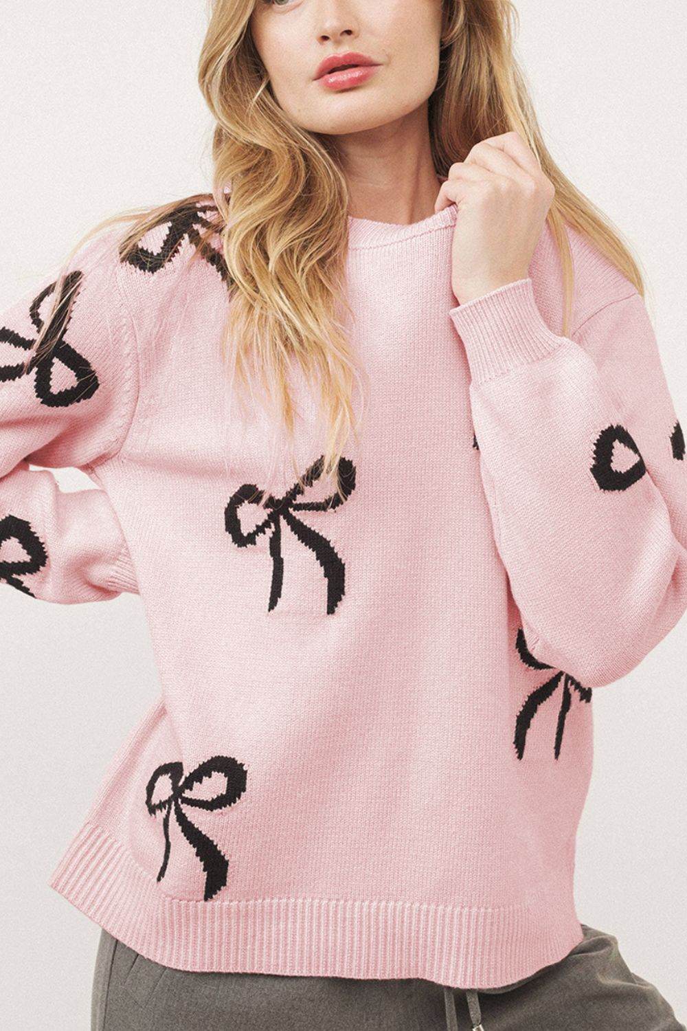 Bow Pattern Round Neck Loose Fit Sweater Blush Pink for a perfect OOTD – dress to impress outfits from Amexza