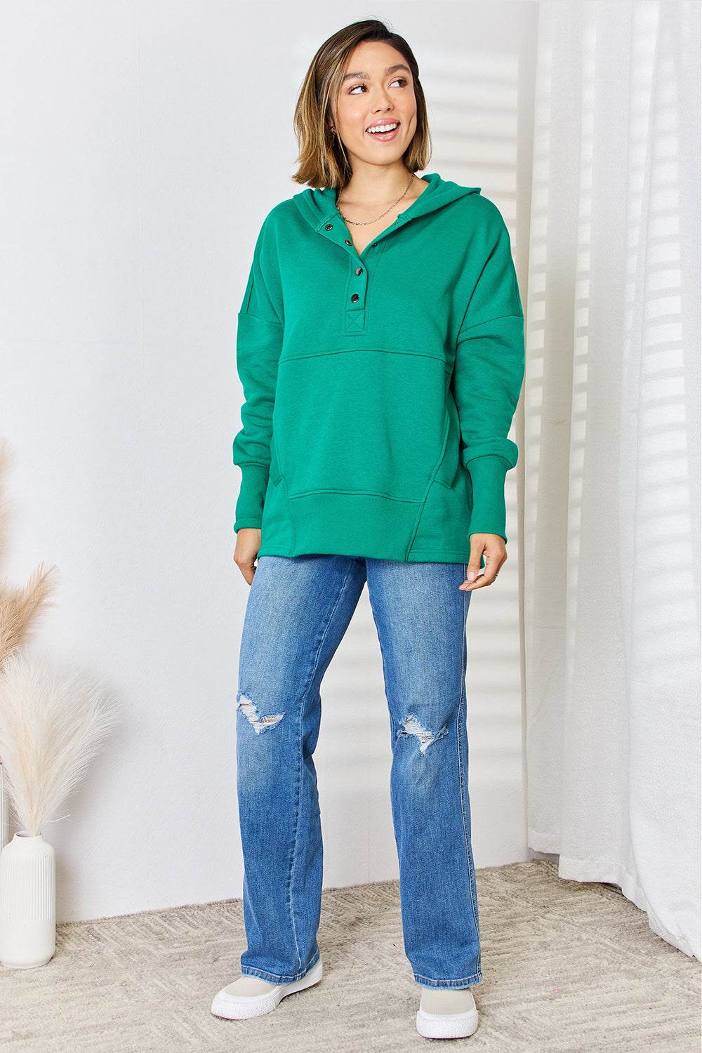 Zenana Half Snap Long Sleeve Hoodie - Amexza