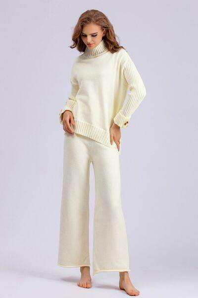 Basic Bae High- Low Turtleneck Long Sleeve Top and Pants Sweater Set Cream One Size for a perfect OOTD – dress to impress outfits from Amexza