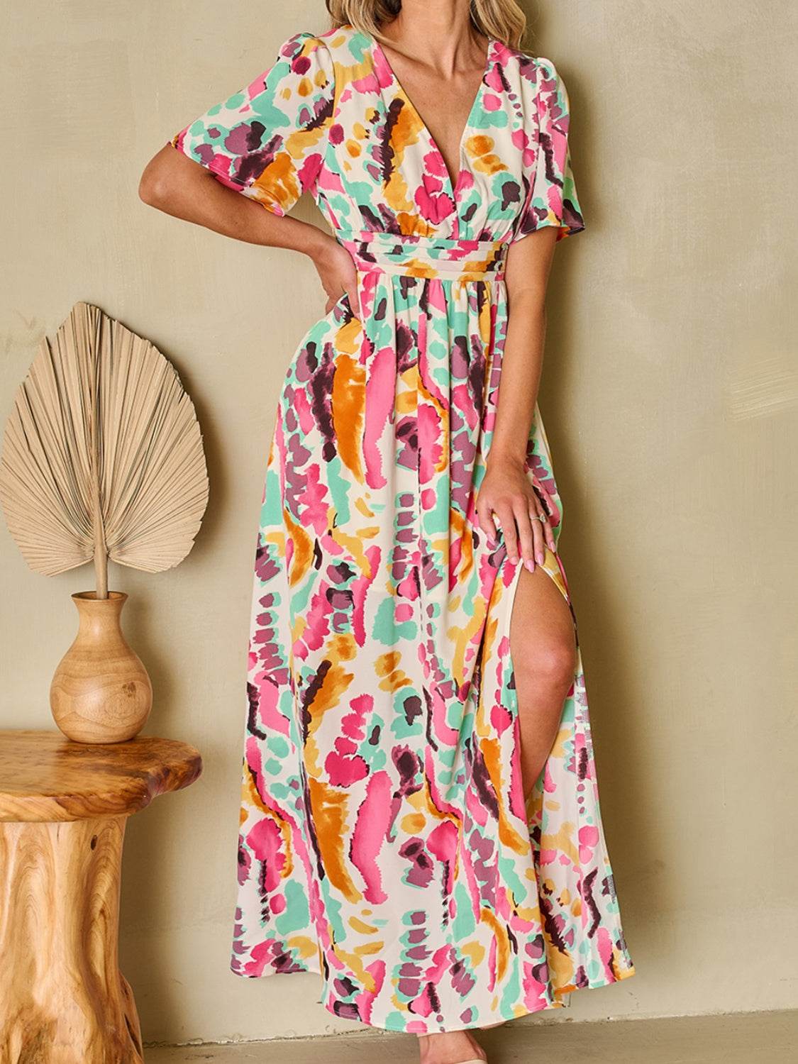 Slit Printed Surplice Short Sleeve Maxi Dress - Amexza