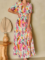 Slit Printed Surplice Short Sleeve Maxi Dress - Amexza