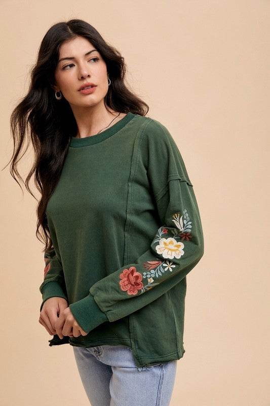 Annie Wear Embroidered Long Sleeve French Terry Top for a perfect OOTD – dress to impress outfits from Amexza