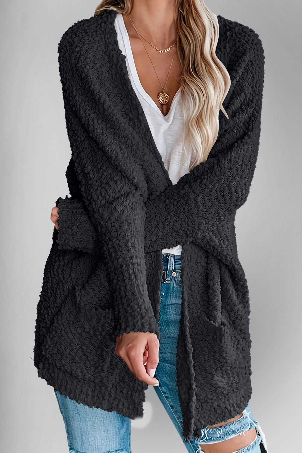 Double Take Pocketed Open Front Long Sleeve Cardigan for a perfect OOTD – dress to impress outfits from Amexza