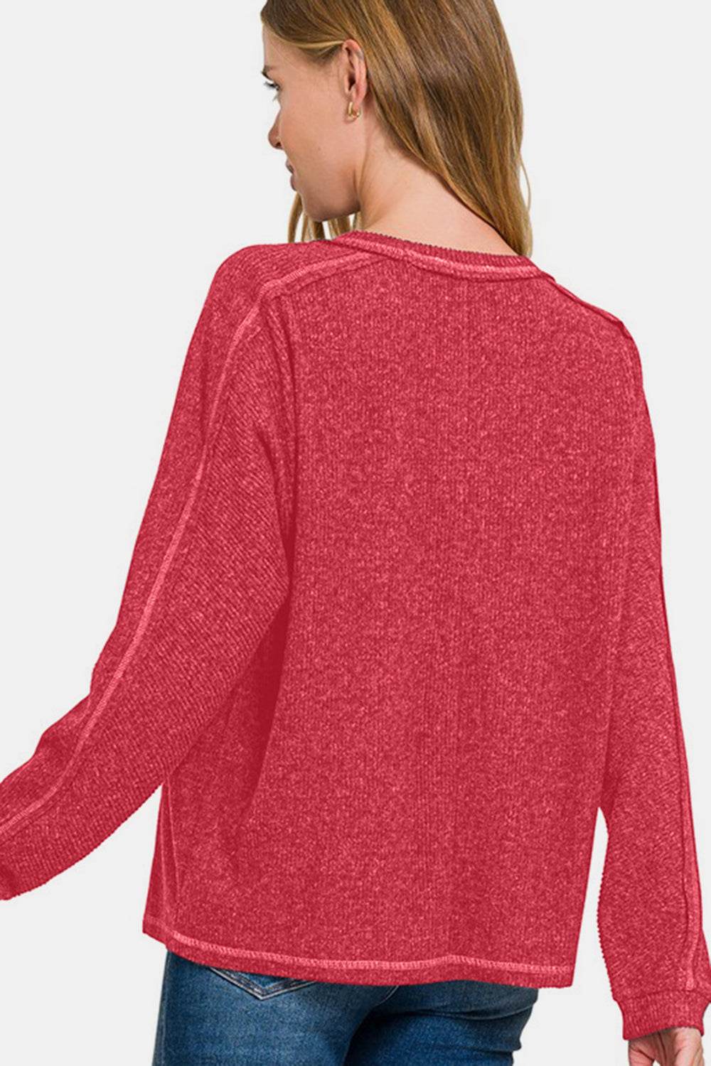 Zenana Full Size Contrast Stitching Brushed Ribbed Hacci Knit Top for a perfect OOTD – dress to impress outfits from Amexza