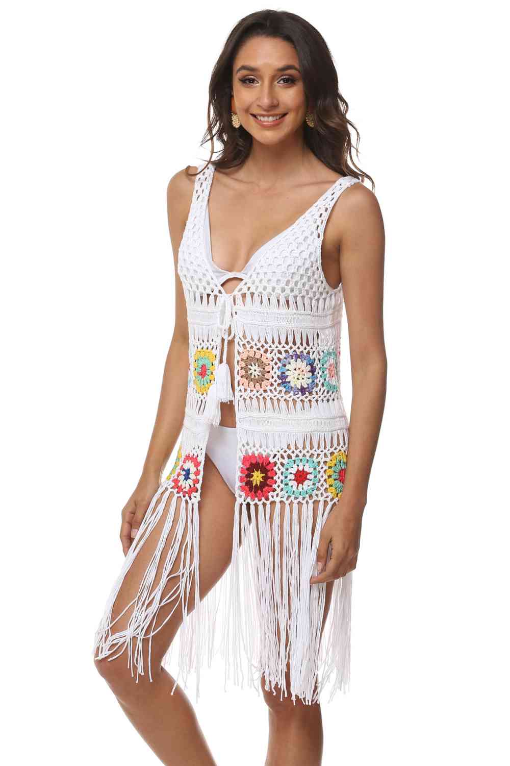 Openwork Fringe Detail Embroidery Sleeveless Cover-Up for a perfect OOTD – dress to impress outfits from Amexza