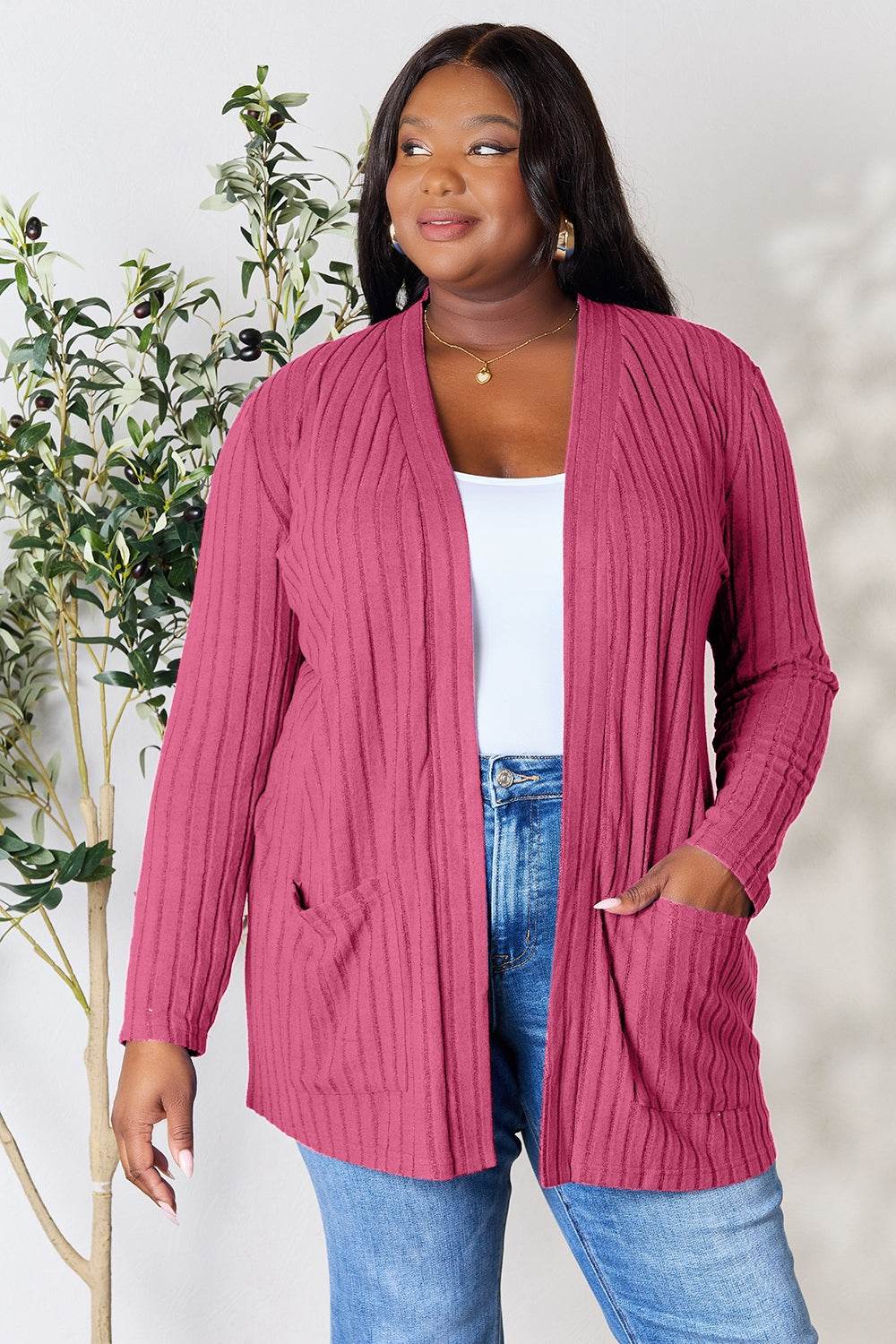 Basic Bae Full Size Ribbed Open Front Cardigan with Pockets Pink for a perfect OOTD – dress to impress outfits from Amexza