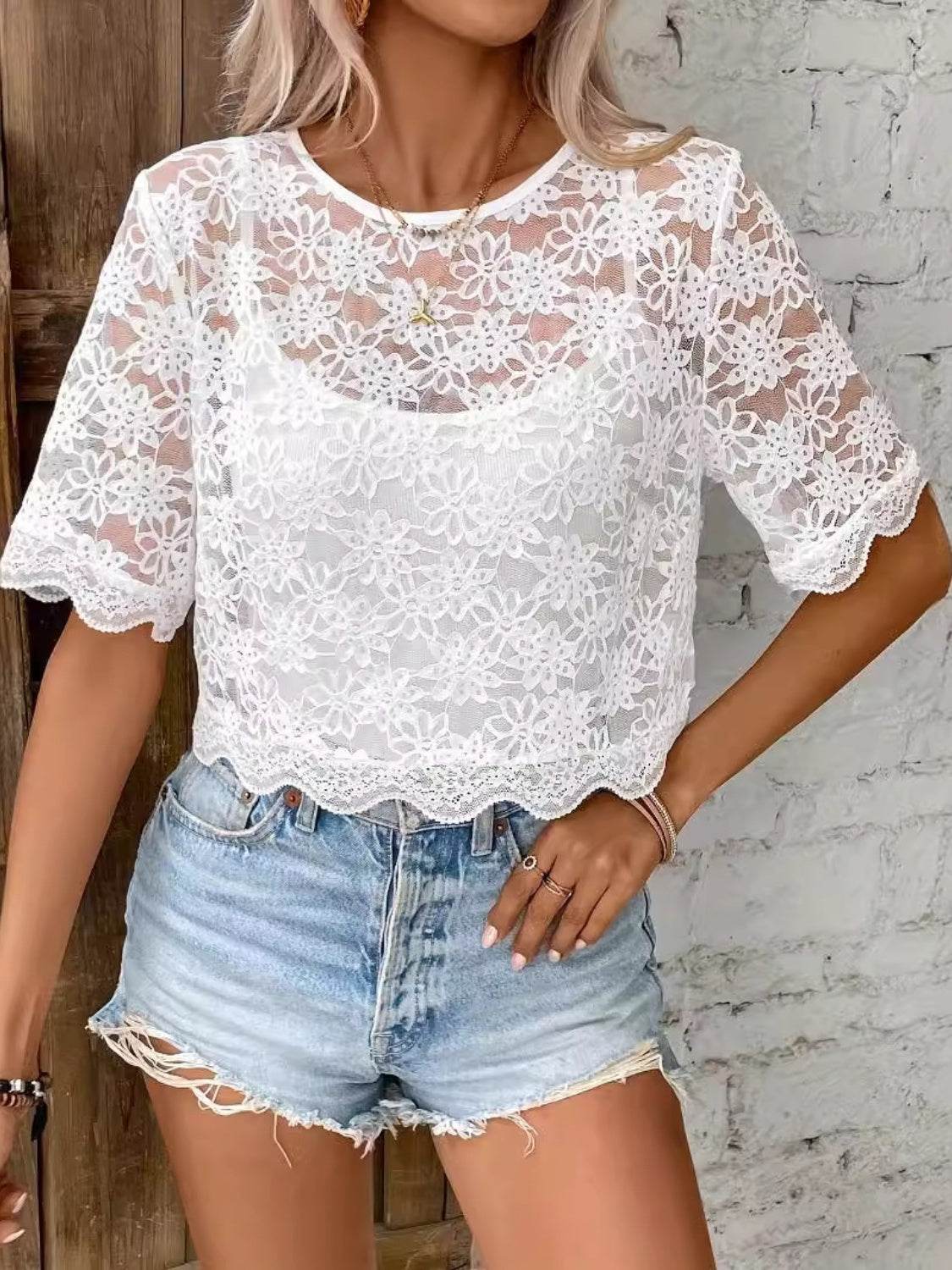 Flower Texture Round Neck Short Sleeve Top White for a perfect OOTD – dress to impress outfits from Amexza