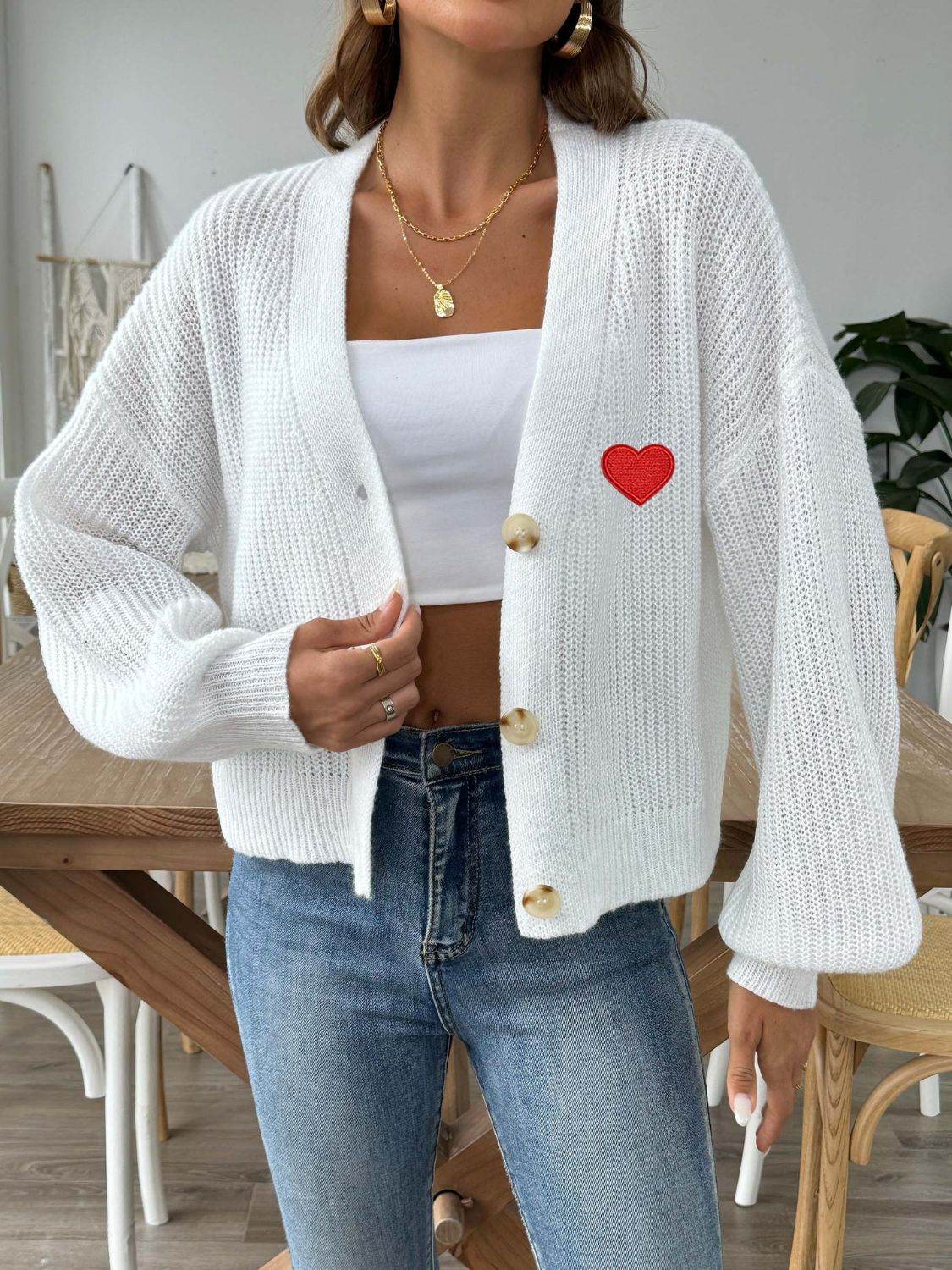 Heart Button Down V-Neck Long Sleeve Cardigan - Amexza