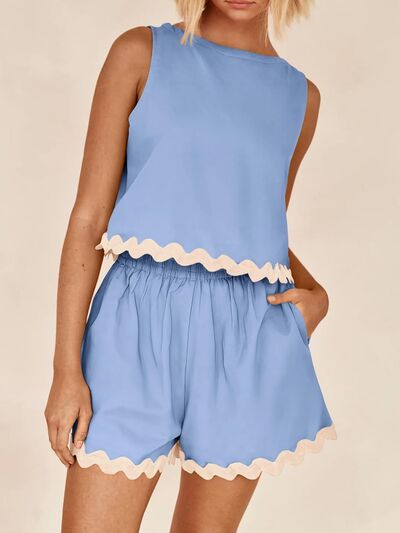 Contrast Trim Sleeveless Top and Shorts Set Light Blue for a perfect OOTD – dress to impress outfits from Amexza