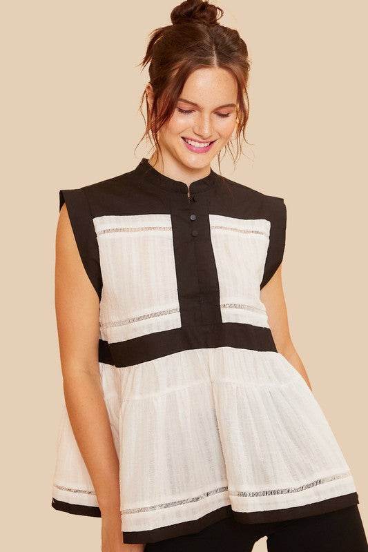 Annie Wear Contrast Trim Peplum Button Detail Blouse Black combo for a perfect OOTD – dress to impress outfits from Amexza