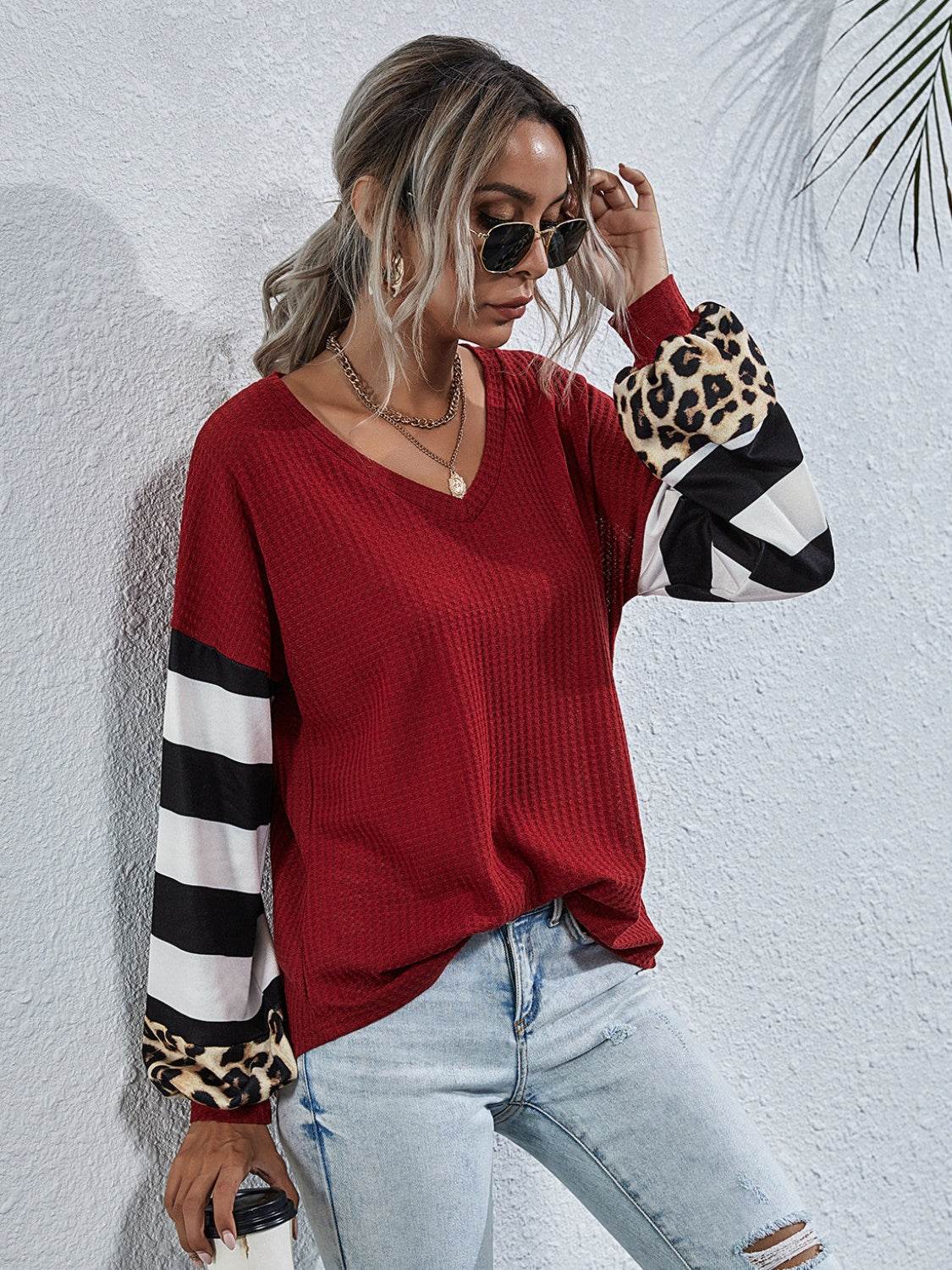 Leopard Striped Waffle-Knit Top - Amexza