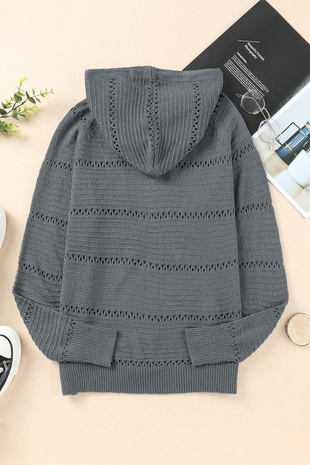 Zip-Up Raglan Sleeve Openwork Hooded Cardigan for a perfect OOTD – dress to impress outfits from Amexza