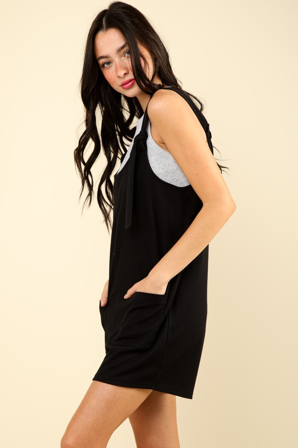 VERY J Tie Shoulder Front Pocket Romper for a perfect OOTD – dress to impress outfits from Amexza