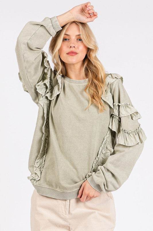 Mittoshop Ruffled Mineral Washed Round Neck Long Sleeve Sweatshirt for a perfect OOTD – dress to impress outfits from Amexza