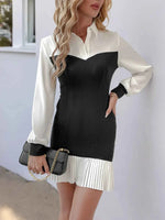 Two Tone Pleated Long Sleeve Shirt Dress