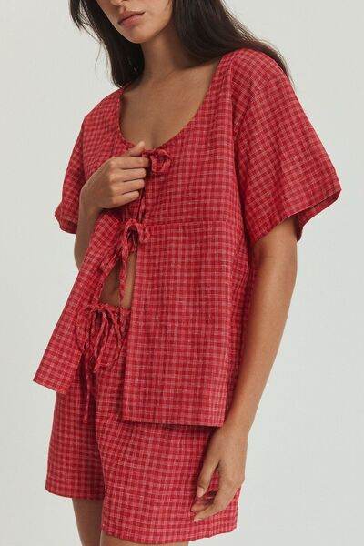 Plaid Tied Scoop Neck Short Sleeve Top and Drawstring Shorts Set for a perfect OOTD – dress to impress outfits from Amexza