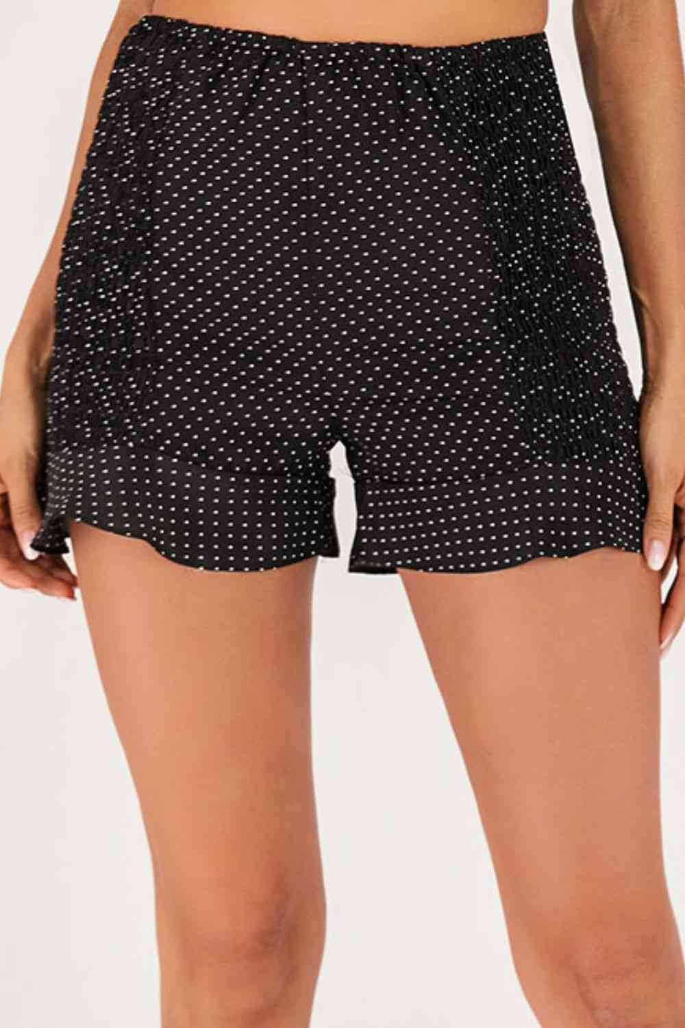 Polka Dot Smocked Ruffle Hem Shorts Black for a perfect OOTD – dress to impress outfits from Amexza