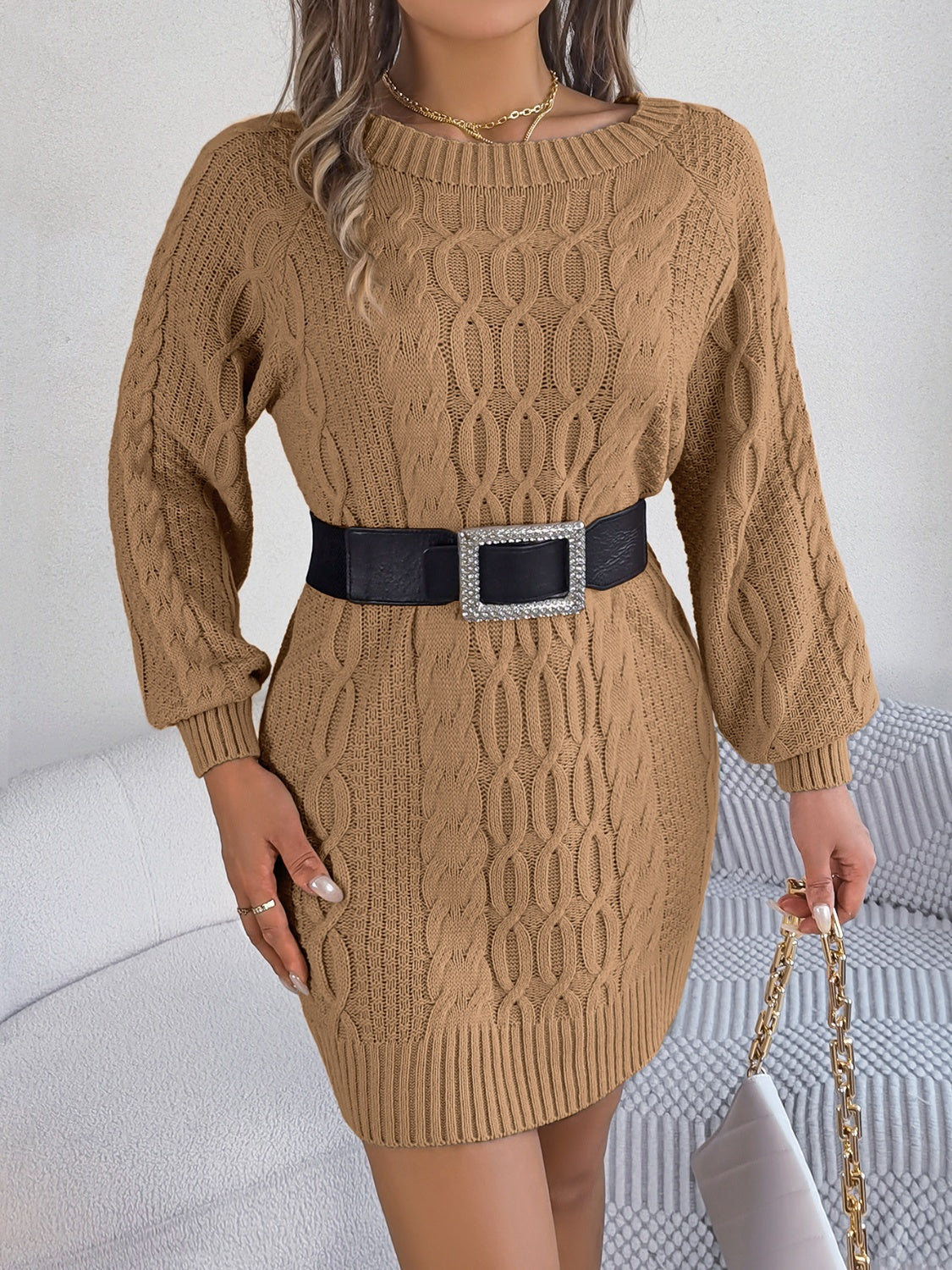 Cable-Knit Round Neck Sweater Dress Camel for a perfect OOTD – dress to impress outfits from Amexza