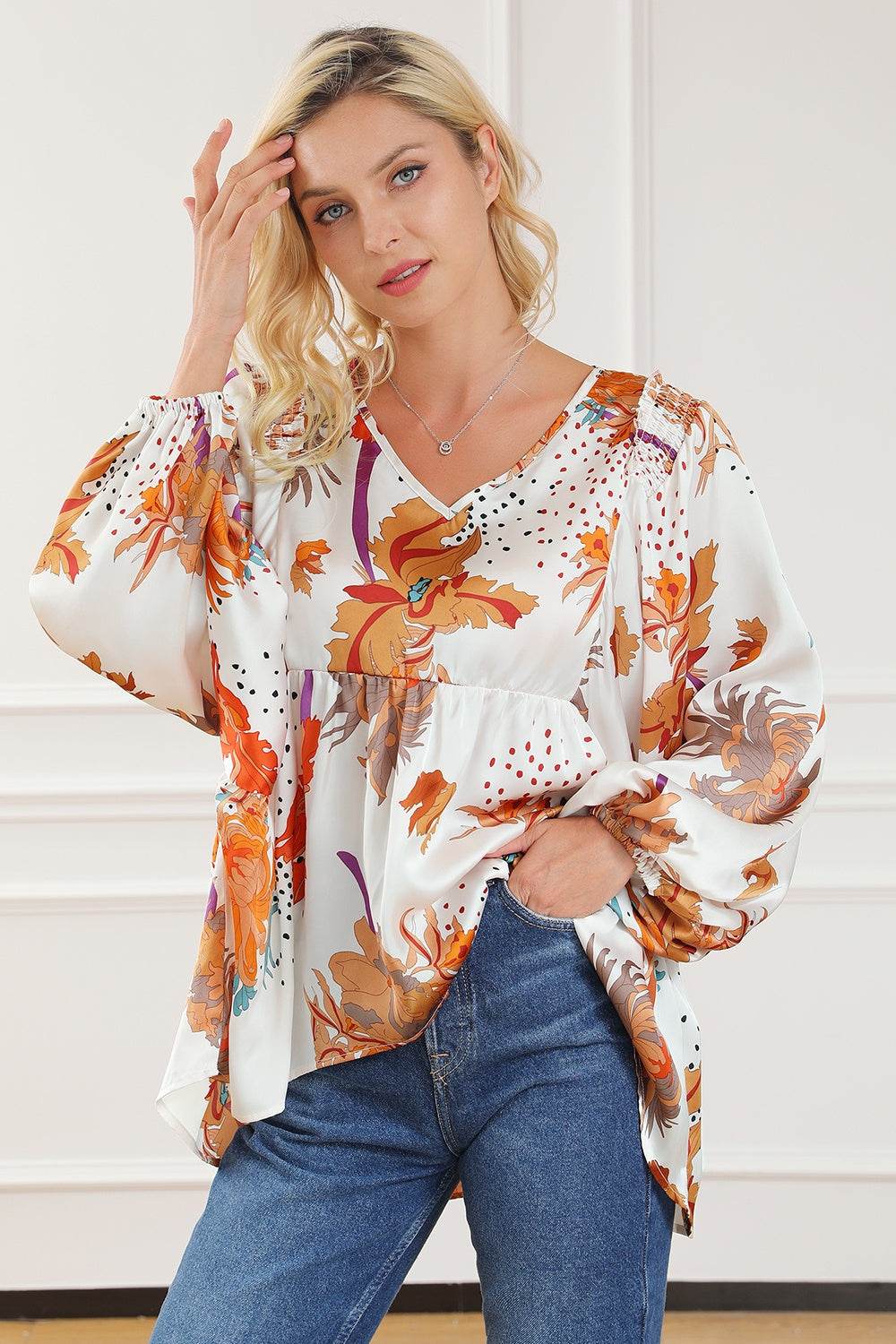 Printed V-Neck Smocked Balloon Sleeve Blouse White for a perfect OOTD – dress to impress outfits from Amexza