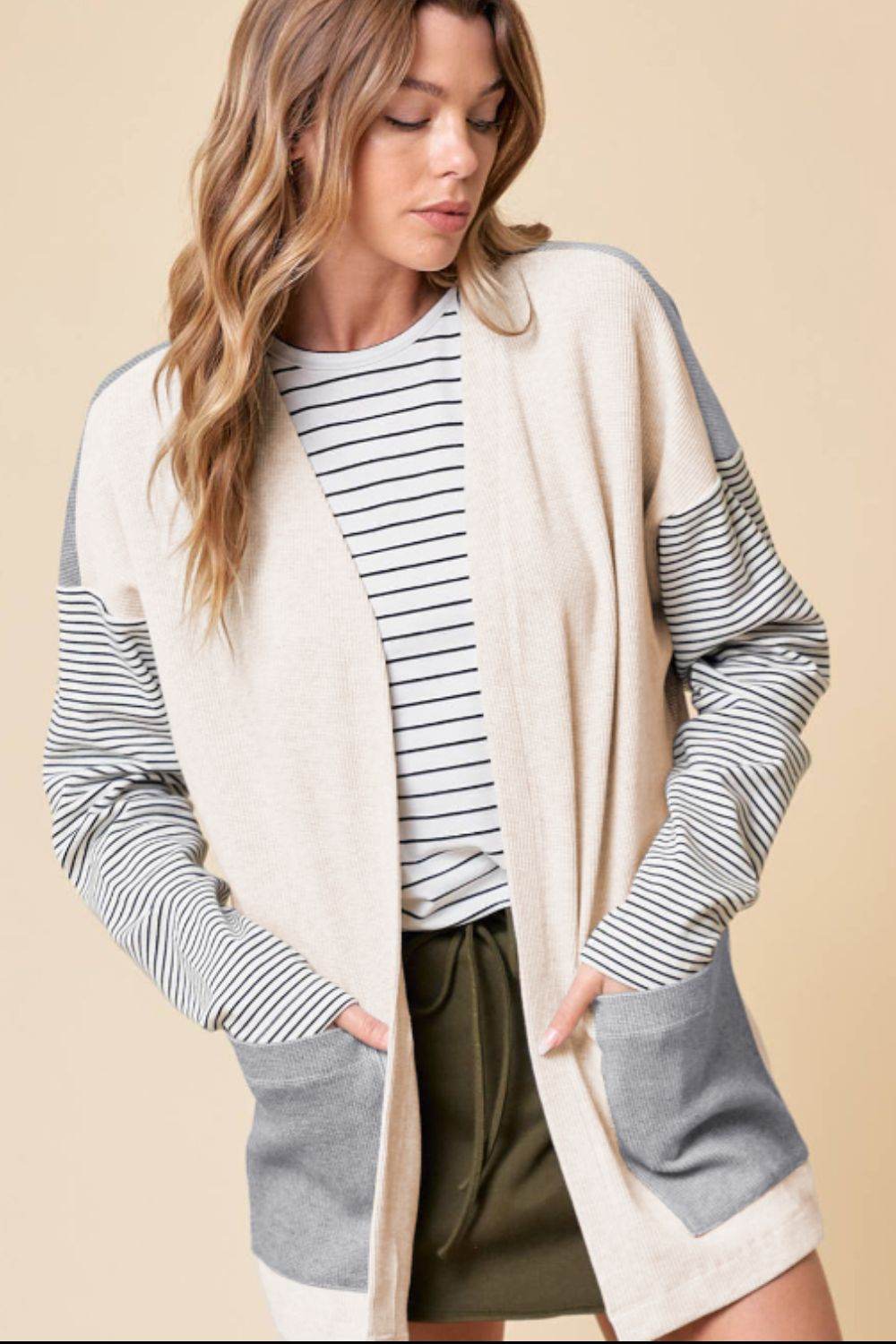 Open Front Long Sleeve Striped Cardigan with Pockets for a perfect OOTD – dress to impress outfits from Amexza