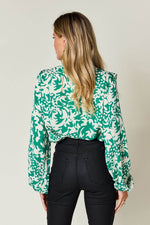 Double Take Full Size Printed Ruffle Trim Balloon Sleeve Shirt - Amexza