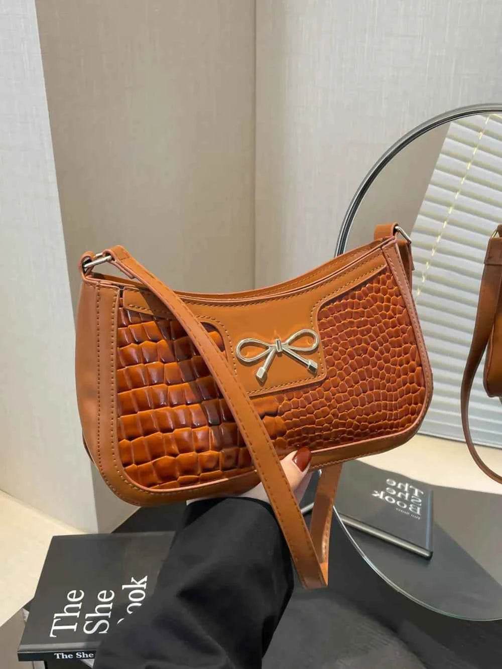 Bow PU Leather Shoulder Bag Pumpkin One Size for a perfect OOTD – dress to impress outfits from Amexza