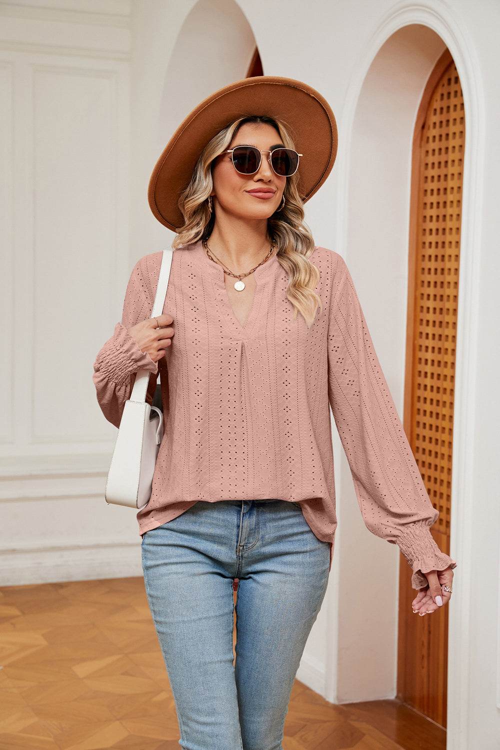 Notched Neck Flounce Sleeve Blouse Light Mauve for a perfect OOTD – dress to impress outfits from Amexza