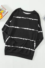 Slit Contrast Striped Round Neck Long Sleeve T-Shirt - Amexza