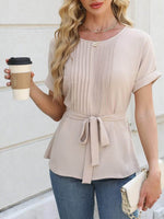 Tied Pleated Round Neck Short Sleeve Top - Amexza