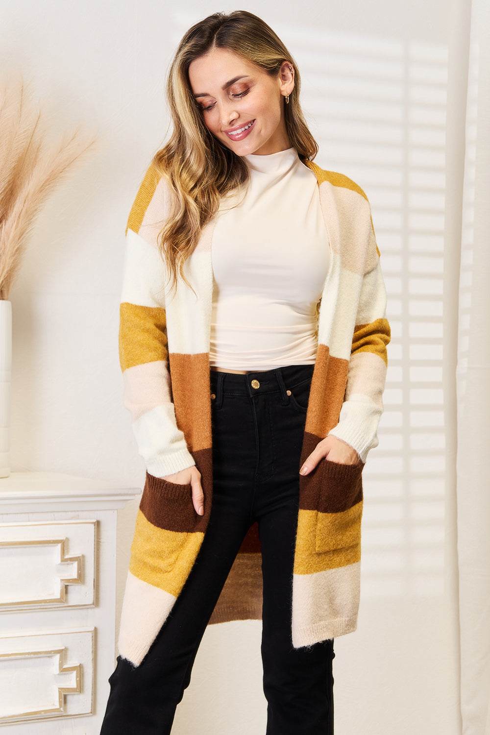 Woven Right Color Block Dropped Shoulder Cardigan Brown Tan Stripe for a perfect OOTD – dress to impress outfits from Amexza