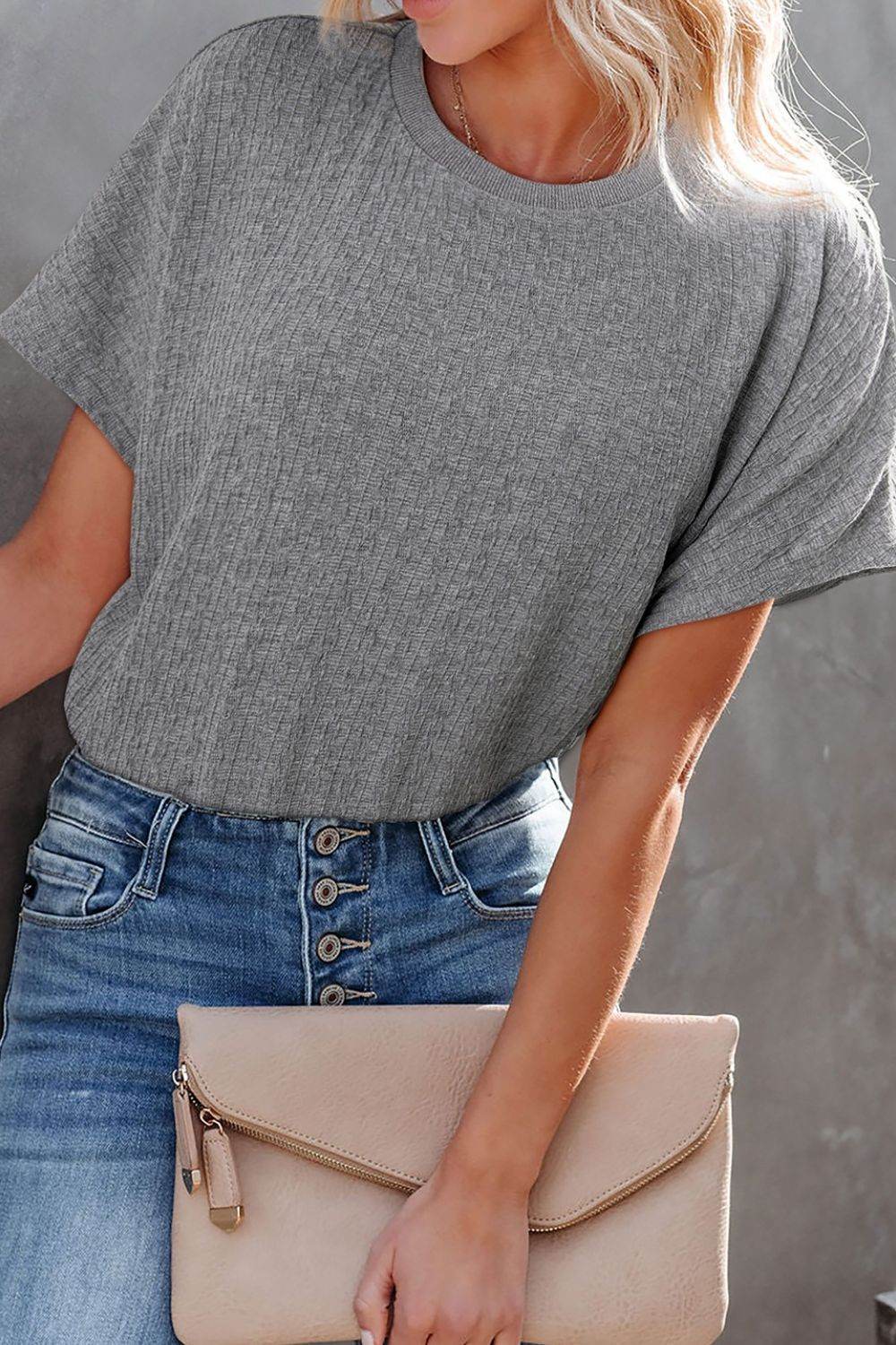 Round Neck Short Sleeve Blouse Gray for a perfect OOTD – dress to impress outfits from Amexza