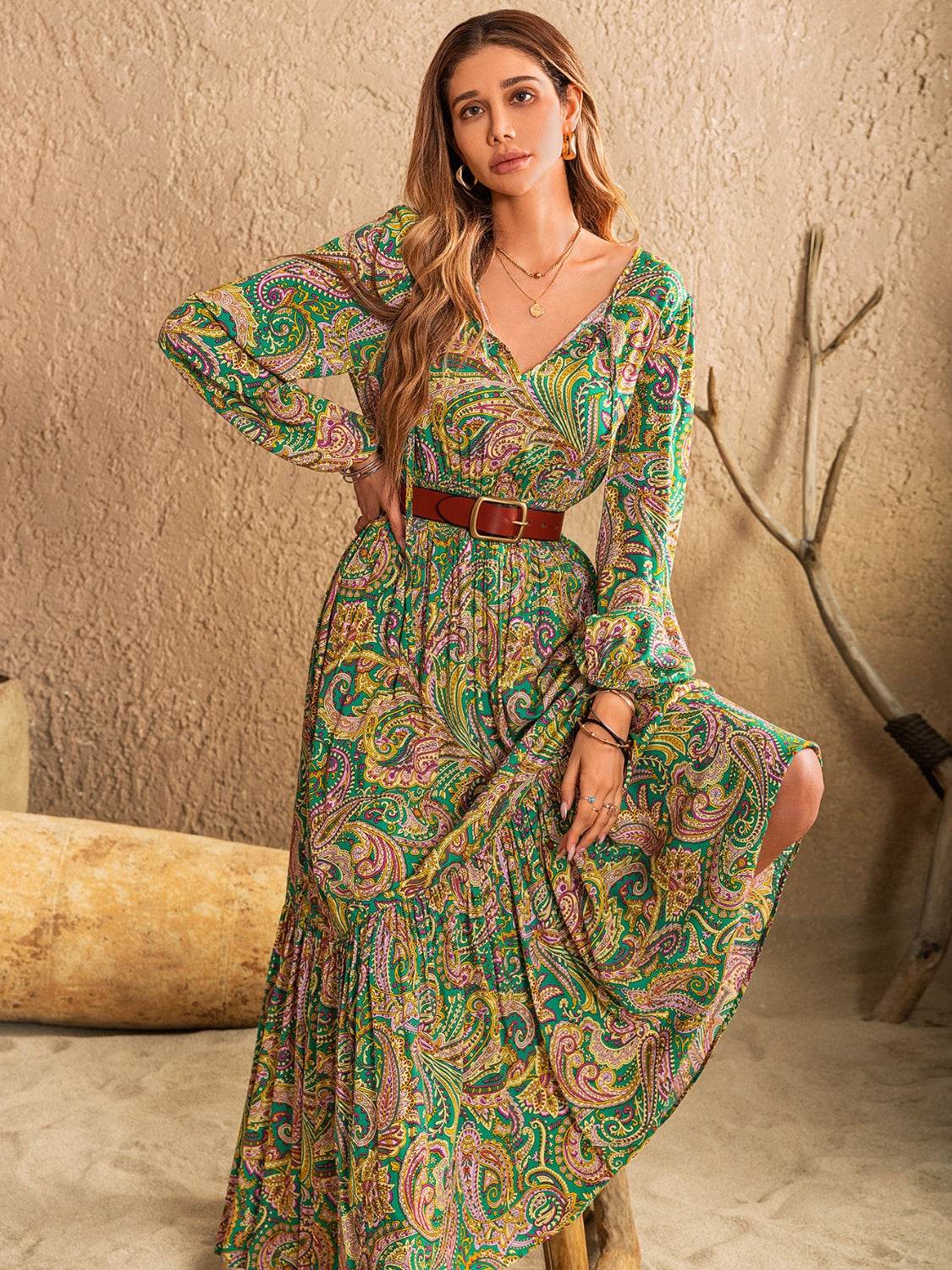 Printed Tie Neck Long Sleeve Dress - Amexza