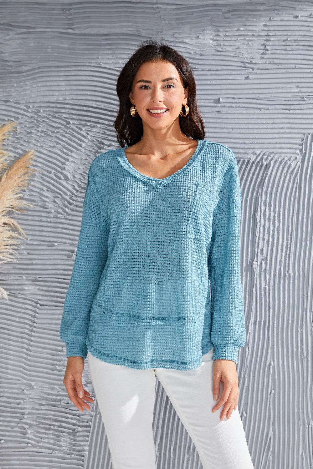 Waffle-Knit V-Neck Blouse with Breast Pocket Turquoise for a perfect OOTD – dress to impress outfits from Amexza