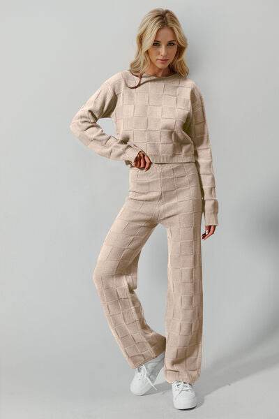 Double Take Full Size Checkered Round Neck Top and Pants Set Tan for a perfect OOTD – dress to impress outfits from Amexza