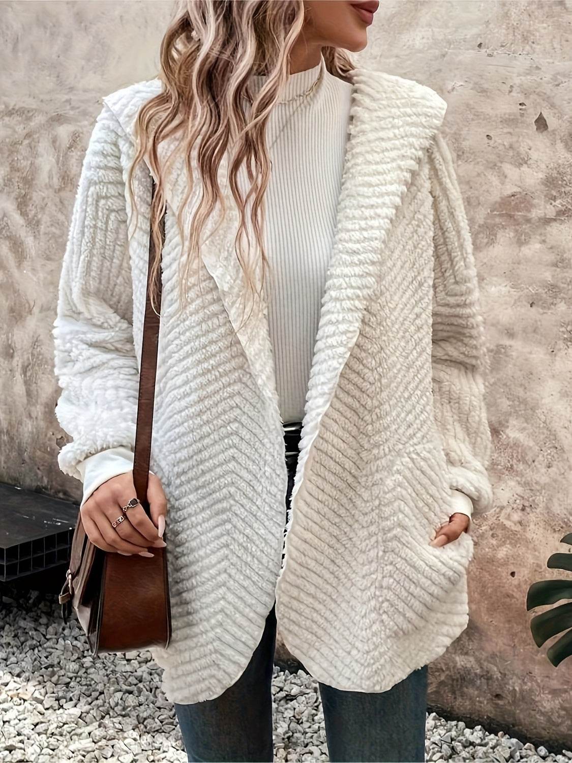 Open Front Long Sleeve Hooded Fuzzy Cardigan Ivory for a perfect OOTD – dress to impress outfits from Amexza