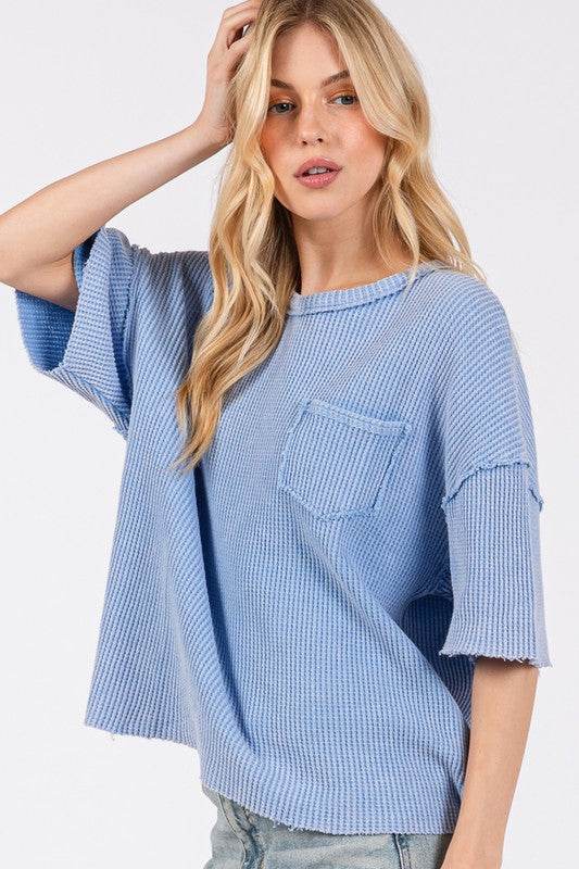 SAGE + FIG Exposed Seam Round Neck Half Sleeve T-Shirt - Amexza