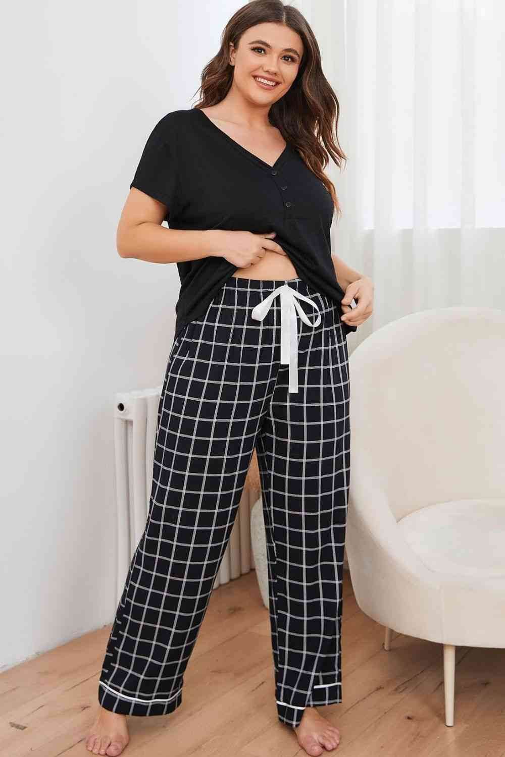 Plus Size V-Neck Top and Plaid Pants Lounge Set for a perfect OOTD – dress to impress outfits from Amexza