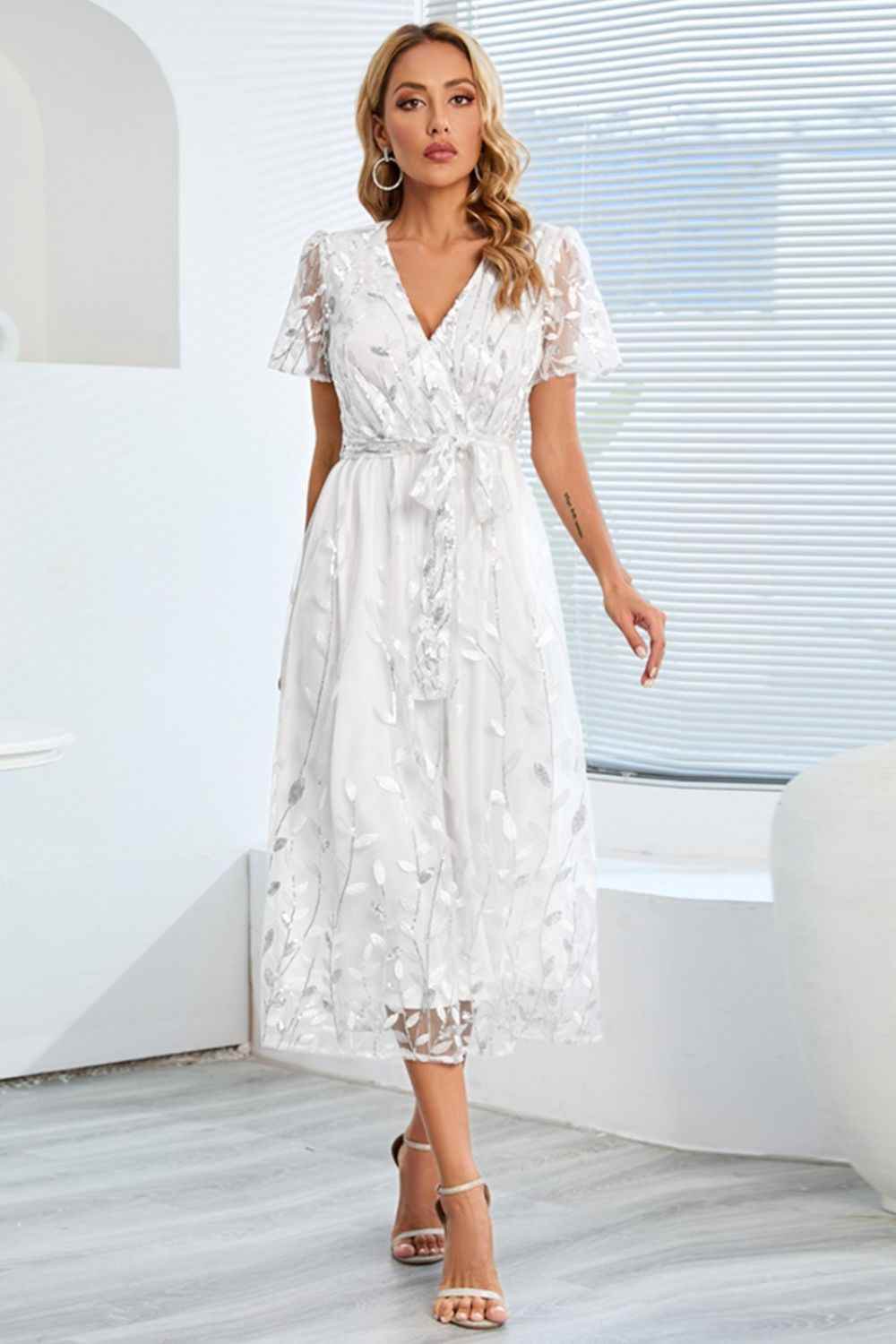 Sequin Leaf Embroidery Tie Front Short Sleeve Dress White for a perfect OOTD – dress to impress outfits from Amexza