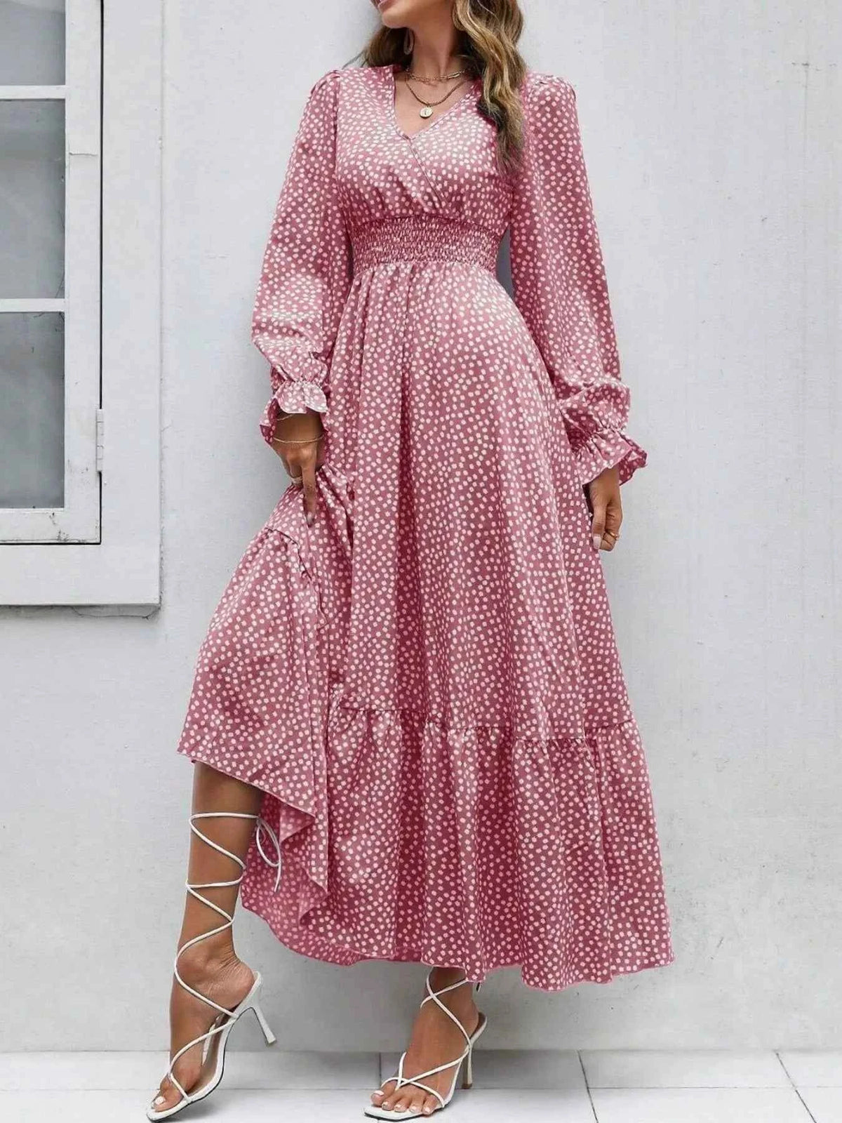 Smocked Waist Polka Dot Long Sleeve Maxi Dress