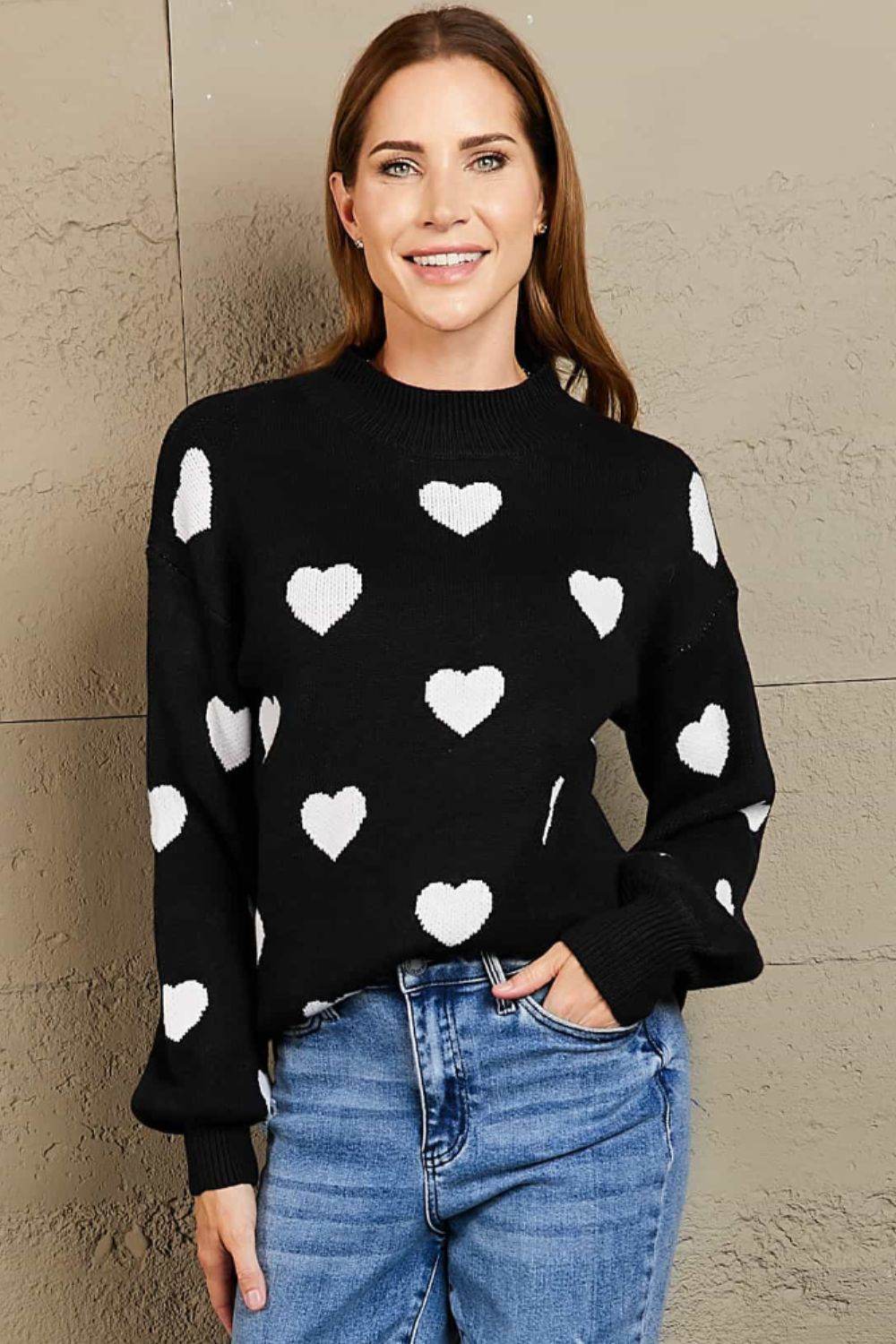 Woven Right Heart Pattern Lantern Sleeve Round Neck Tunic Sweater for a perfect OOTD – dress to impress outfits from Amexza