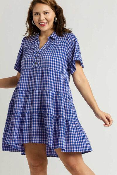 Umgee Full Size Gingham Tiered Button Detail Short Sleeve Dress Plus Size for a perfect OOTD – dress to impress outfits from Amexza