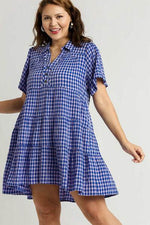Umgee Full Size Gingham Tiered Button Detail Short Sleeve Dress Plus Size for a perfect OOTD – dress to impress outfits from Amexza
