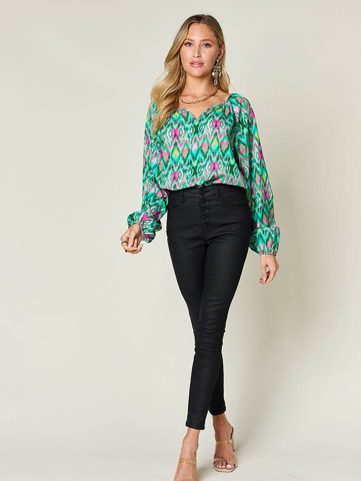 Double Take Full Size Printed Balloon Sleeve Blouse for a perfect OOTD – dress to impress outfits from Amexza