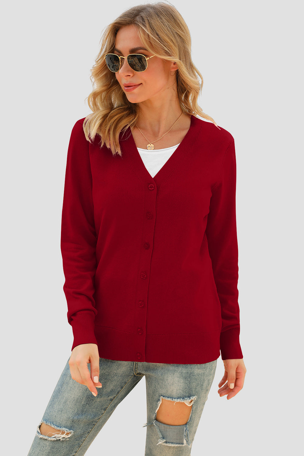 Button Up V-Neck Long Sleeve Cardigan Burgundy for a perfect OOTD – dress to impress outfits from Amexza