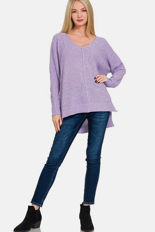 Zenana High-Low Center Seam V-Neck Sweater for a perfect OOTD – dress to impress outfits from Amexza