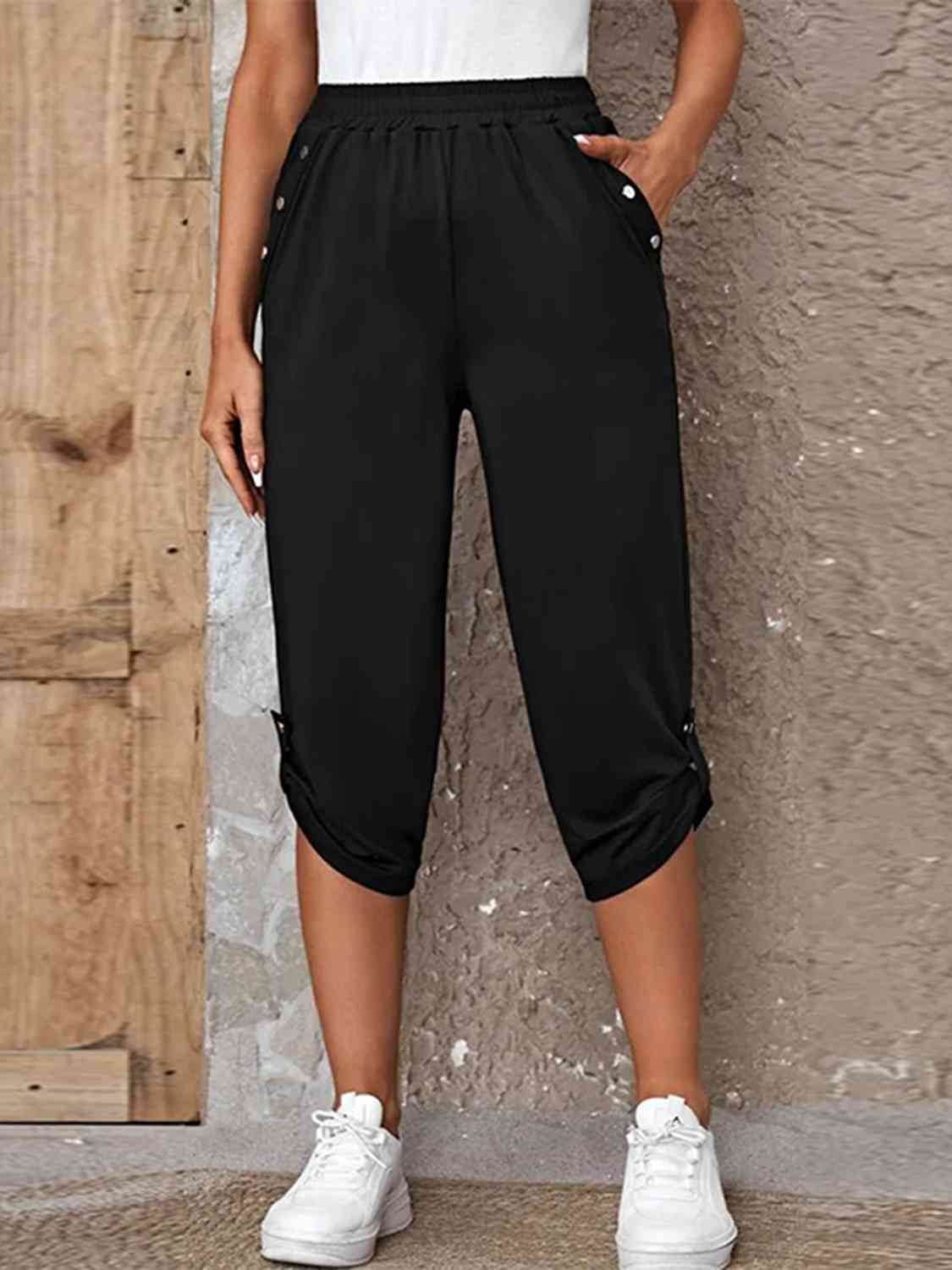 Full Size Roll-Tab Capris Pants Black for a perfect OOTD – dress to impress outfits from Amexza