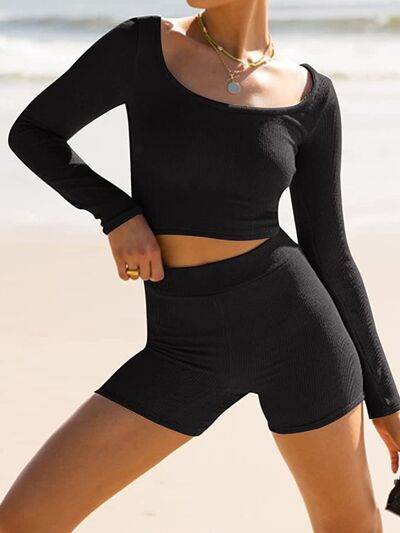 Scoop Neck Long Sleeve Top and Shorts Set - Amexza