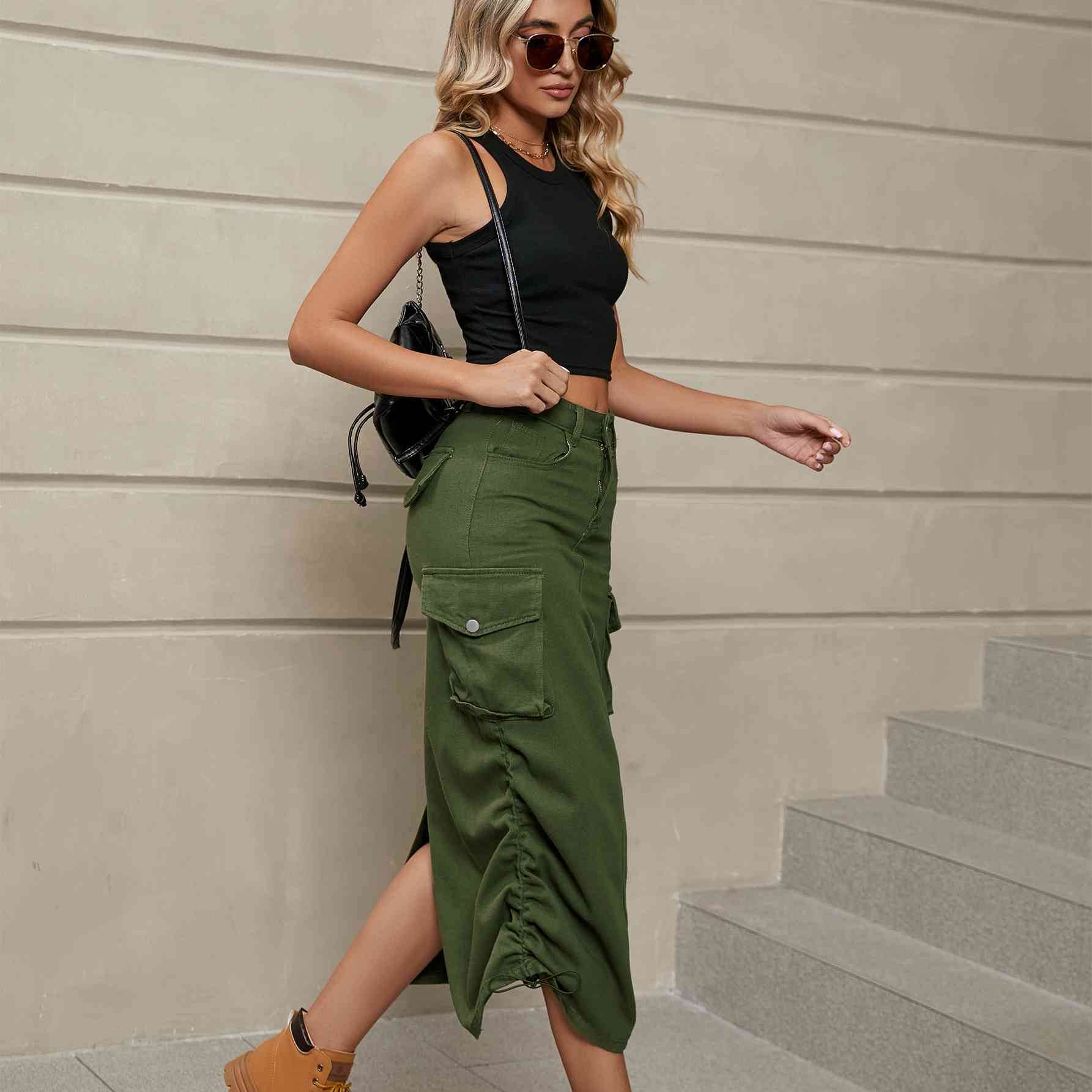 Drawstring Ruched Slit Denim Midi Skirt for a perfect OOTD – dress to impress outfits from Amexza