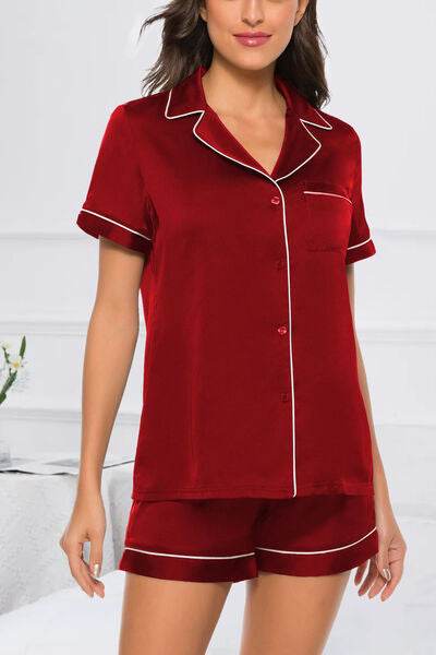 Printed Button Up Short Sleeve Top and Shorts Lounge Set Scarlet for a perfect OOTD – dress to impress outfits from Amexza